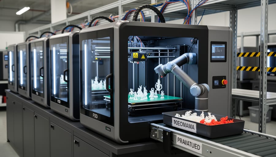 Robotic arm removing finished 3D print from build plate in automated fabrication setup