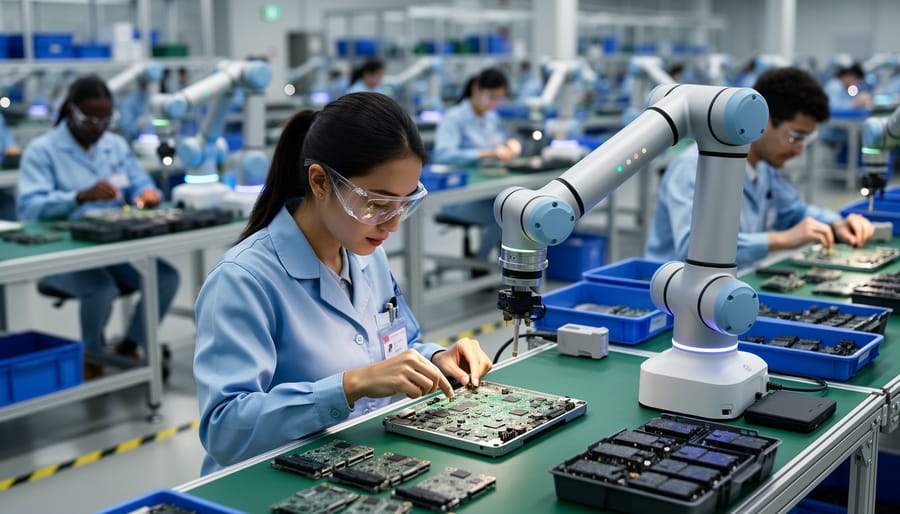 Collaborative robot working next to human technician at electronics manufacturing workstation