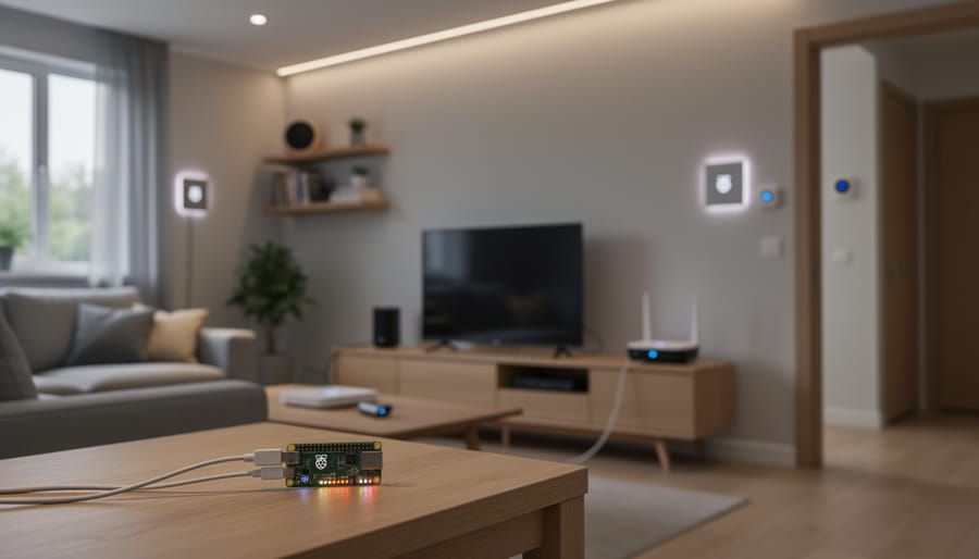 Smart home devices including lights, speaker, and sensors in modern living room