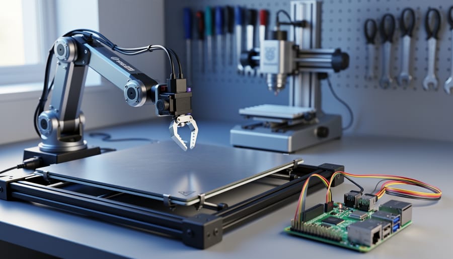 Small servo robotic arm connected to a Raspberry Pi placing a part on a 3D printer bed in a modern maker workspace, with a CNC mini-mill and tool racks blurred in the background under cool, soft lighting.