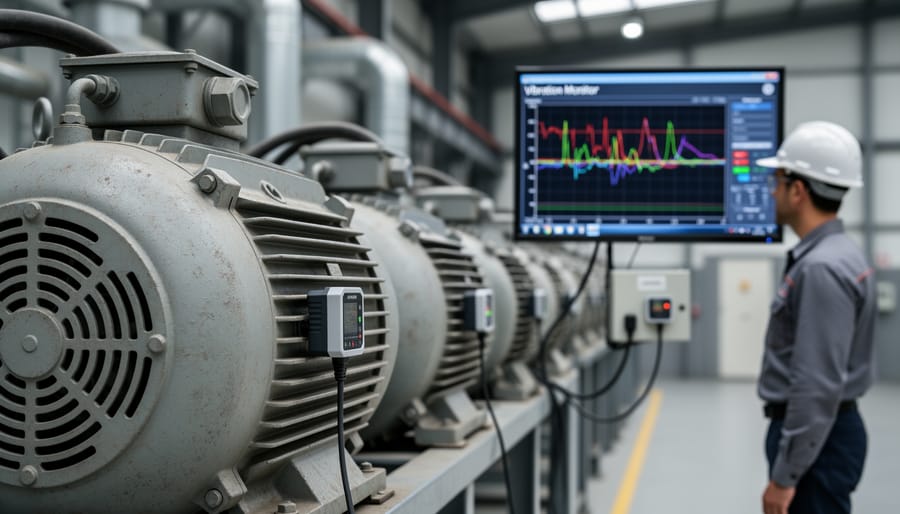 Vibration sensor mounted on industrial electric motor for predictive maintenance monitoring