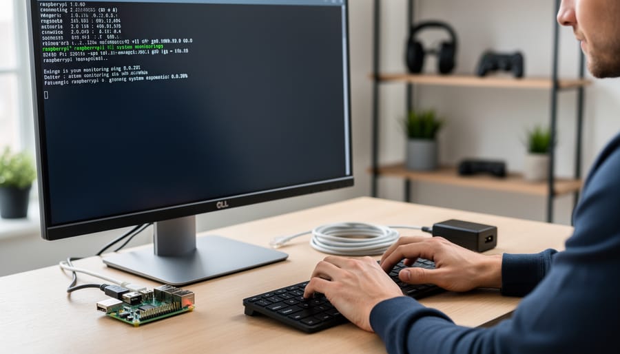 Person configuring Raspberry Pi monitoring software on laptop