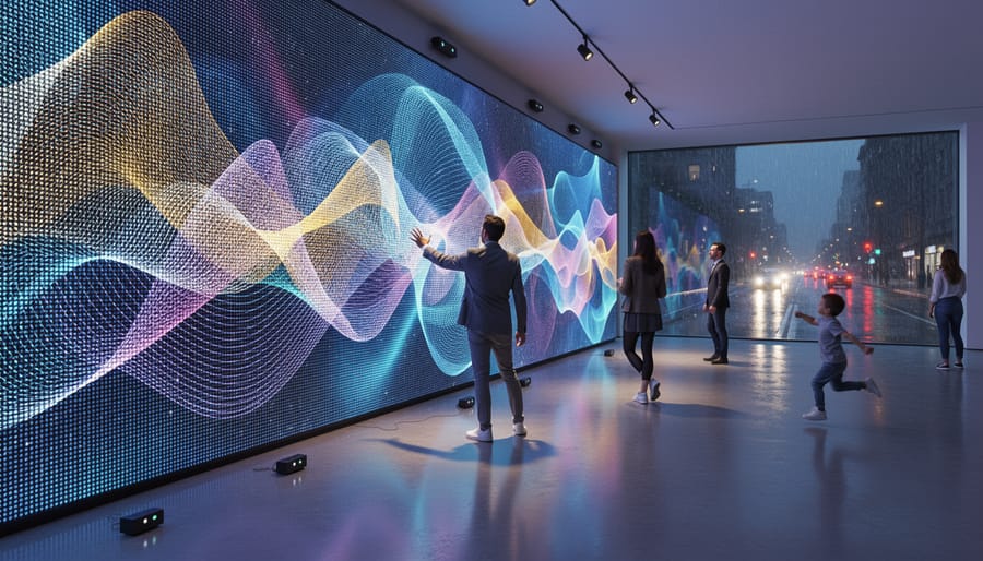 Interactive LED wall installation displaying colorful generative art patterns in gallery with visitor silhouettes