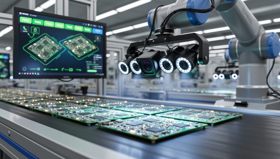 Automated optical inspection system examining populated circuit board with electronic components