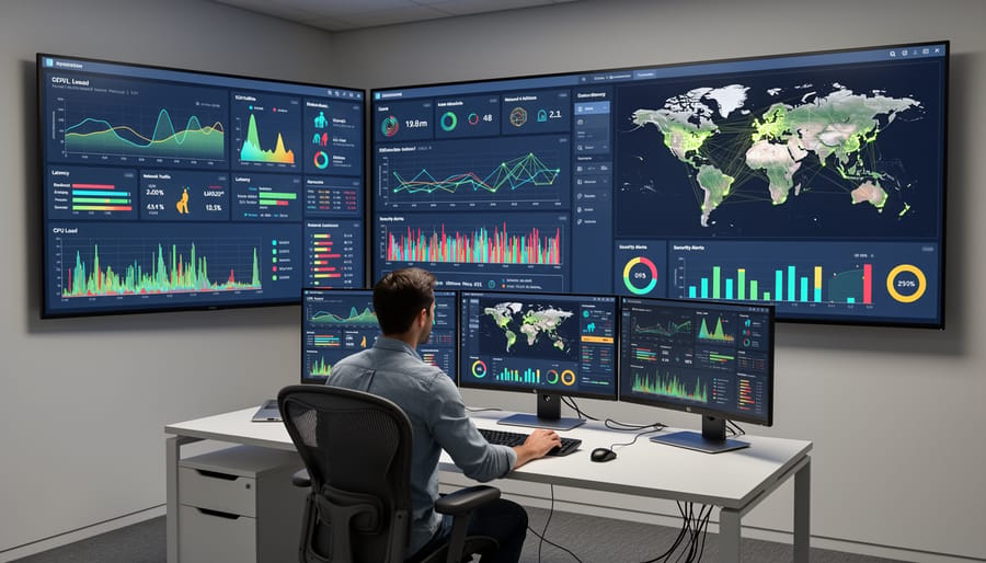 Computer monitor displaying real-time system monitoring dashboard with performance graphs