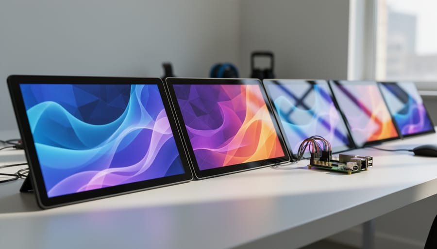 Gallery installation showing multiple synchronized Raspberry Pi touch displays on wall