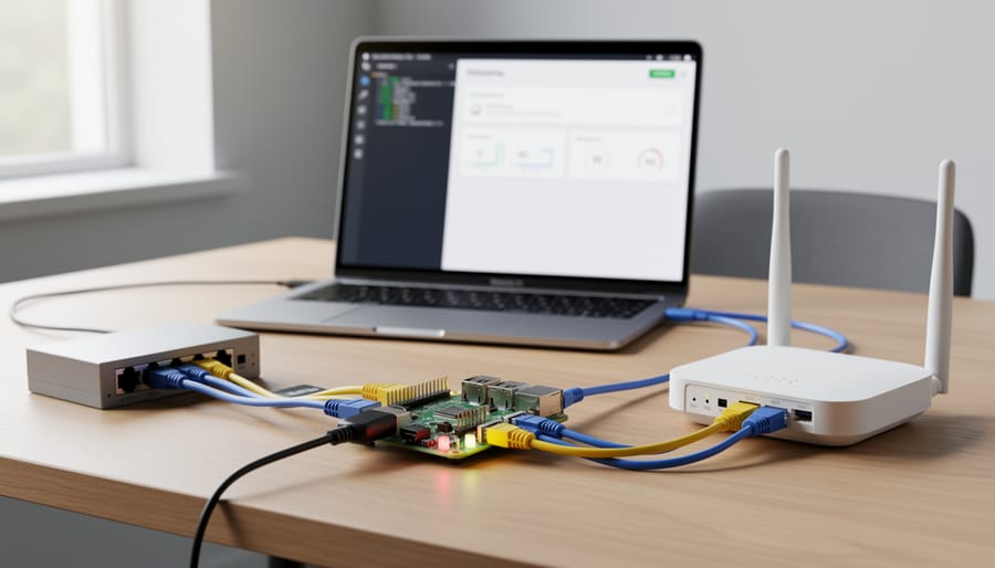 Network hardware components including access point, ethernet cables, and Raspberry Pi board