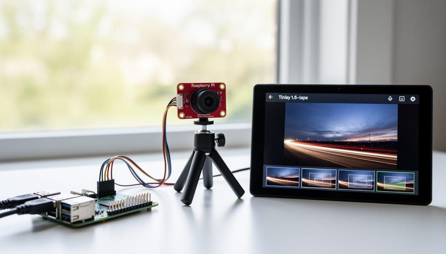 Raspberry Pi camera module on tripod capturing outdoor time-lapse photography at sunset