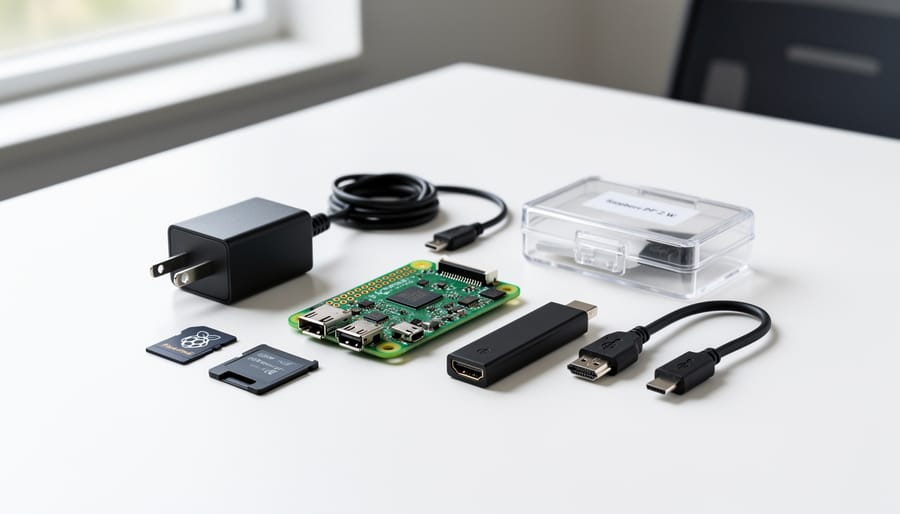 Raspberry Pi Zero 2 W board with microSD card and power adapter on white surface