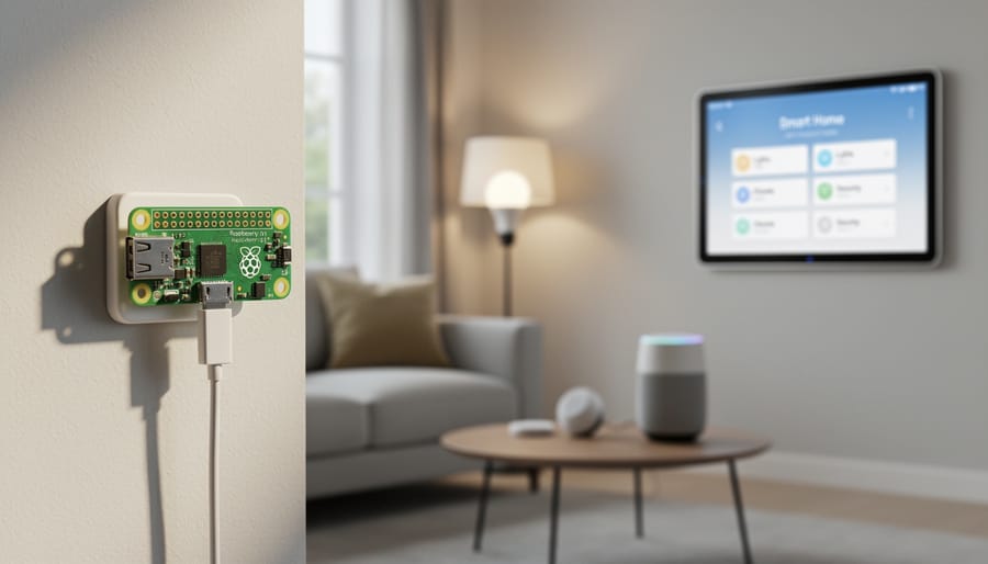 Raspberry Pi Zero in case mounted on wall near light switch in modern home