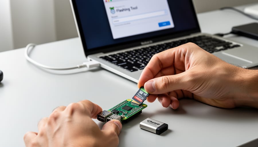 Hands inserting microSD card into Raspberry Pi Zero board during setup process