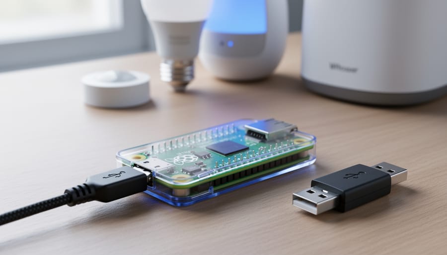 Close-up of a Raspberry Pi Zero W in a translucent case with microSD and power connected next to a USB Zigbee dongle on a wooden desk, with a blurred smart bulb, motion sensor, and Wi‑Fi router in the background.