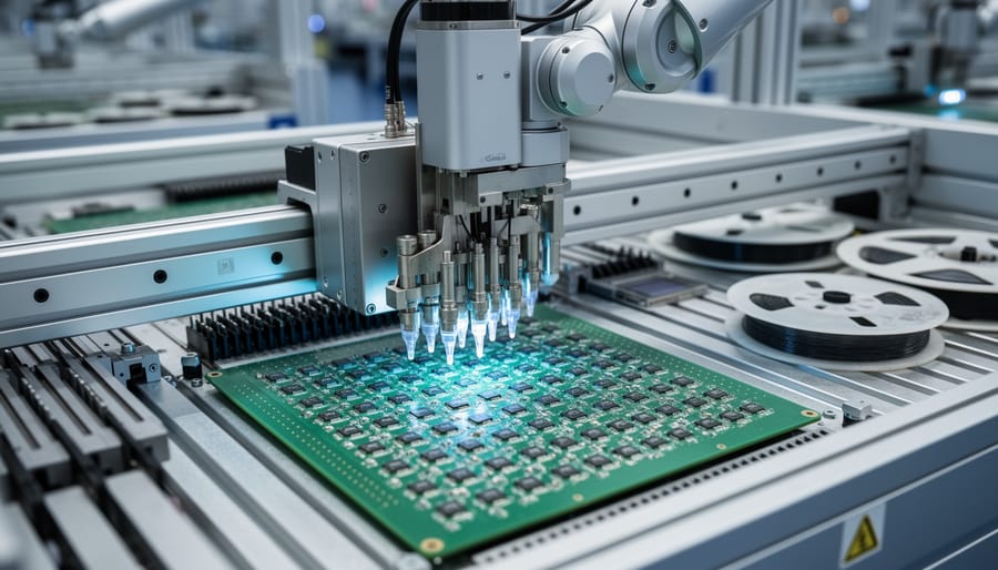 Industrial robotic arm placing surface-mount components onto circuit board during automated assembly