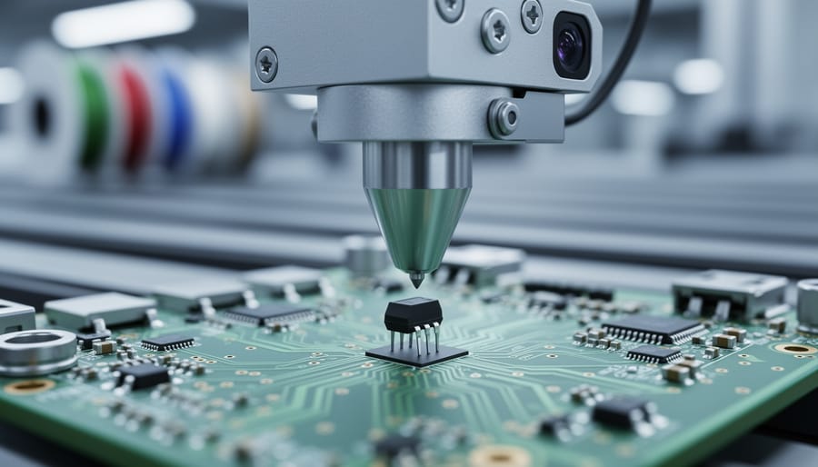 Close-up 45-degree view of a pick-and-place robot placing a surface-mount chip onto a compact single-board computer PCB, under cool studio lighting, with blurred component reels and factory line in the background.