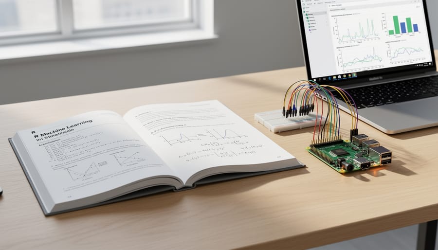 Stack of R programming and machine learning books on desk with Raspberry Pi workspace