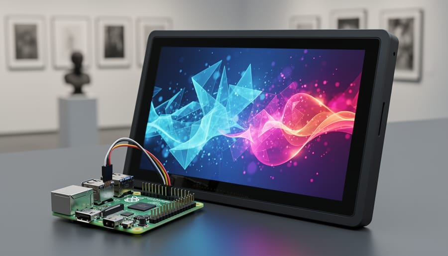 Close-up of a Raspberry Pi connected to a 7-inch touchscreen in a black bezel showing colorful abstract patterns, photographed from a slight overhead angle with a softly blurred gallery wall and pedestal behind.