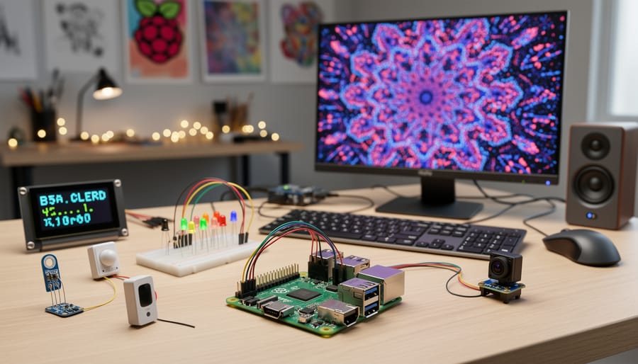 Overhead view of Raspberry Pi components and accessories arranged on wooden workbench
