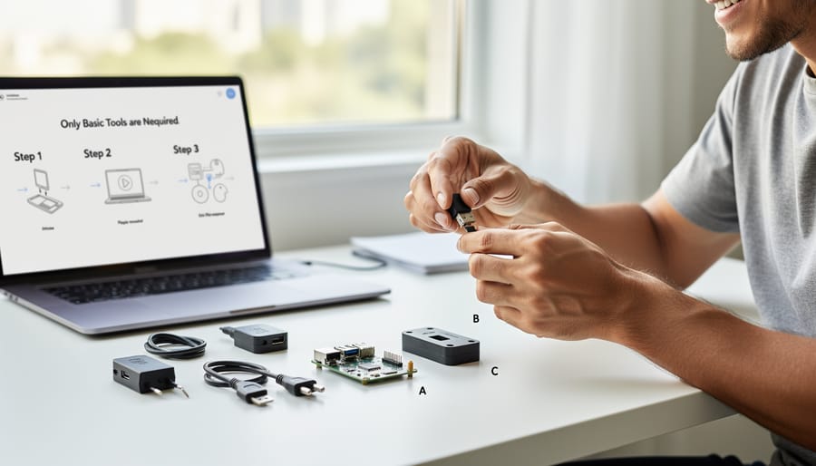 Hands installing microSD card into Raspberry Pi during assembly process