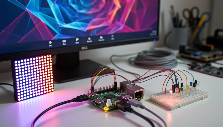 Raspberry Pi connected to a monitor displaying abstract generative visuals and an RGB LED matrix, with sensors and wires on a desk in a softly lit studio, background tools blurred.
