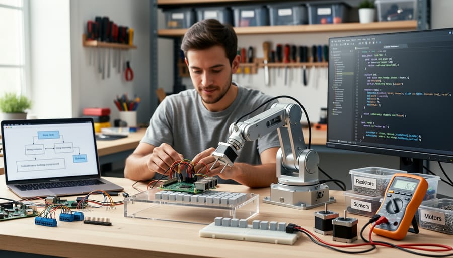 Maker holding Raspberry Pi board above workbench with DIY robotics components