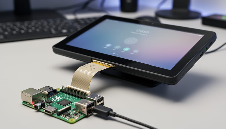 Close-up of hands connecting DSI cable between Raspberry Pi and touch display