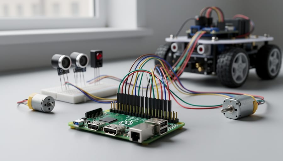 Raspberry Pi GPIO pins connected to servo motors and sensors with colorful jumper wires