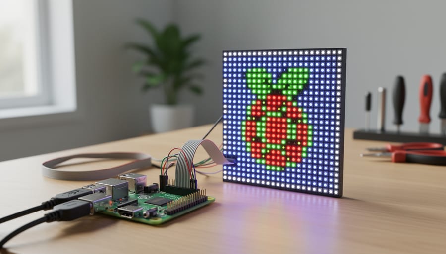 Raspberry Pi board connected to colorful LED matrix display showing pixel art