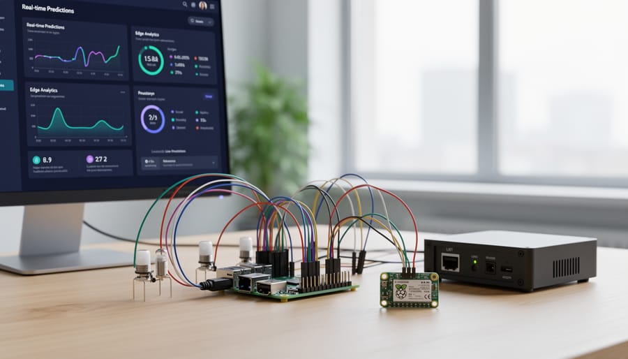 Raspberry Pi machine learning project with sensors, display, and breadboard showing real-time data processing