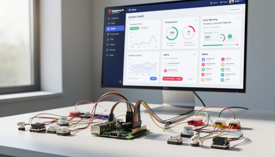 Raspberry Pi board with temperature sensor and LED indicators on desk