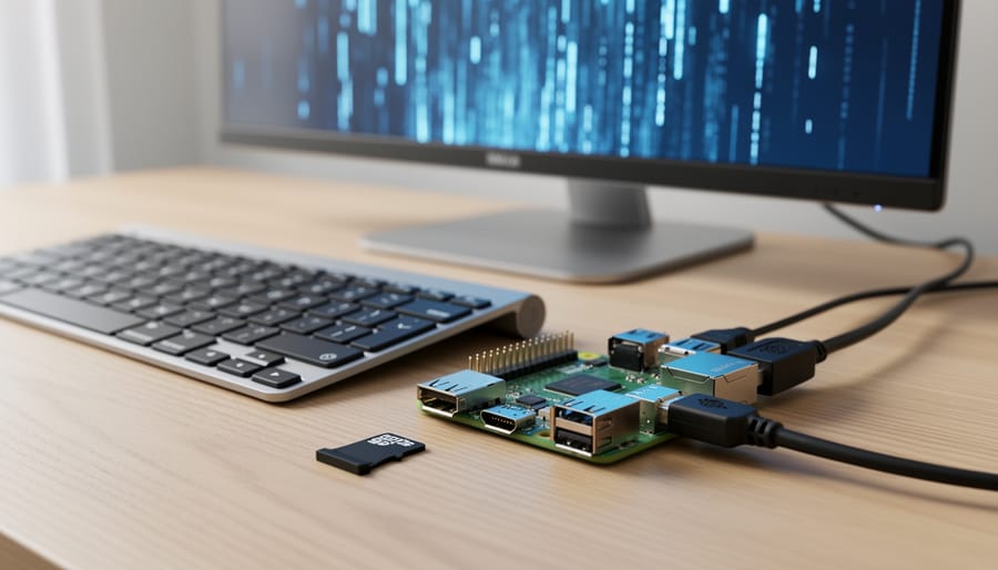 Raspberry Pi 4 with connected cables on a wooden desk next to a compact keyboard and microSD adapter, with a softly blurred monitor in the background under gentle daylight.