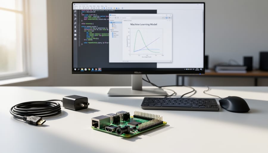 Raspberry Pi single-board computer on desk with R programming environment displayed on connected monitor