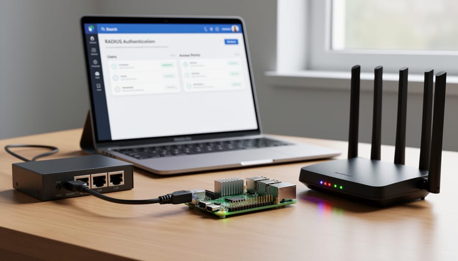 Raspberry Pi board with connected ethernet cables and illuminated LED on wooden desk