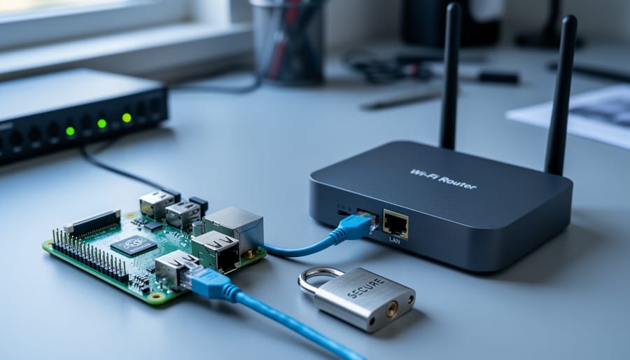 Raspberry Pi 4 connected by Ethernet to a dual‑antenna Wi‑Fi router with a small padlock beside it on a tidy desk, shallow depth of field, 45-degree angle, conveying a secure network gateway setup