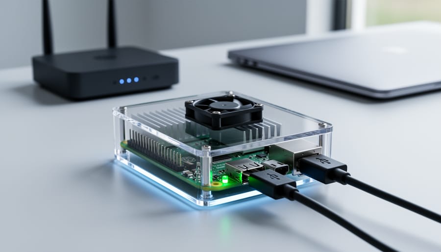 Raspberry Pi 4 in a clear case with heatsinks and small fan, Ethernet and power cables connected, green LEDs glowing on a modern desk, with a Wi‑Fi router and closed laptop softly blurred in the background.