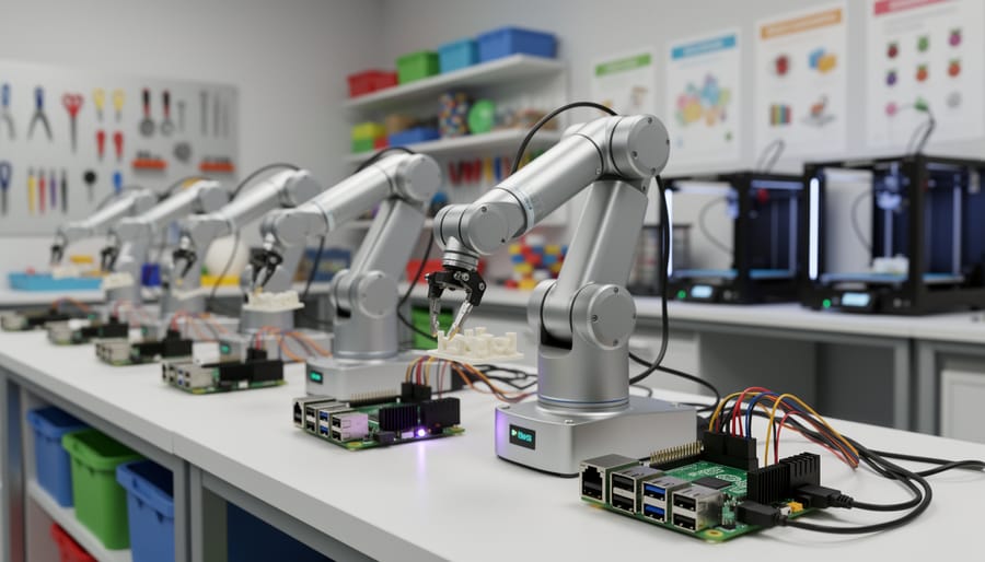 Desktop robotic arm connected to Raspberry Pi board on workbench in maker lab