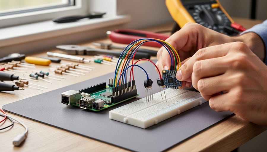 Close-up of hands wiring vibration sensor to Raspberry Pi GPIO pins on breadboard