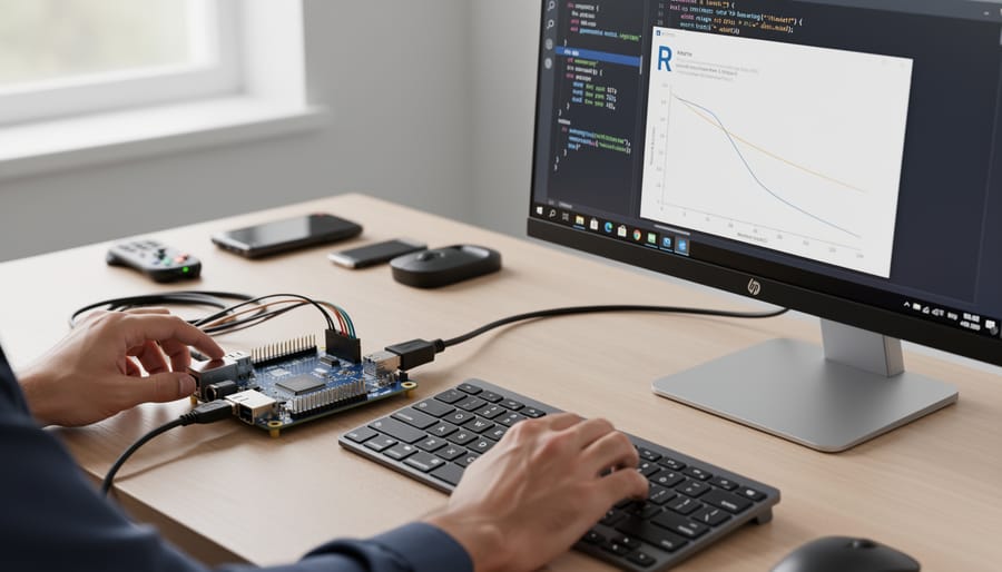 Close-up of hands working on laptop connected to Raspberry Pi with cables and GPIO pins