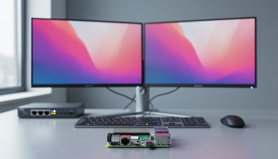 Raspberry Pi 4 with passive heatsinks and PoE HAT on a modern desk, connected via micro‑HDMI to two monitors with blurred screens, alongside a compact keyboard and mouse, representing a cost‑effective thin client workstation.