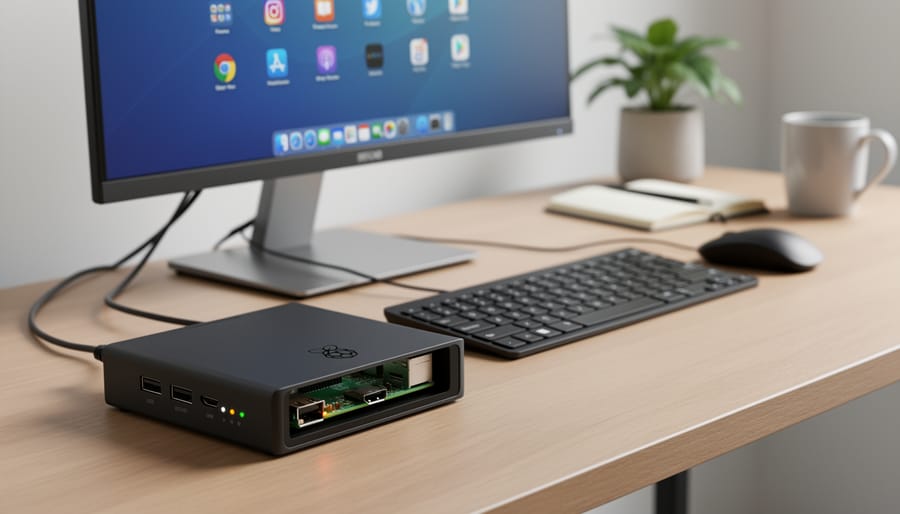 Raspberry Pi 4 circuit board connected to monitor on modern desk workspace