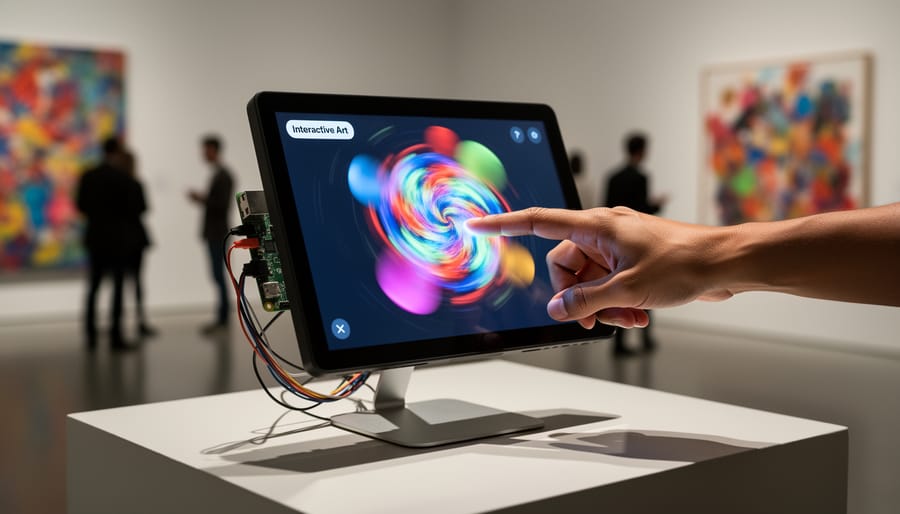 Person's finger touching Raspberry Pi 7-inch display showing colorful generative art