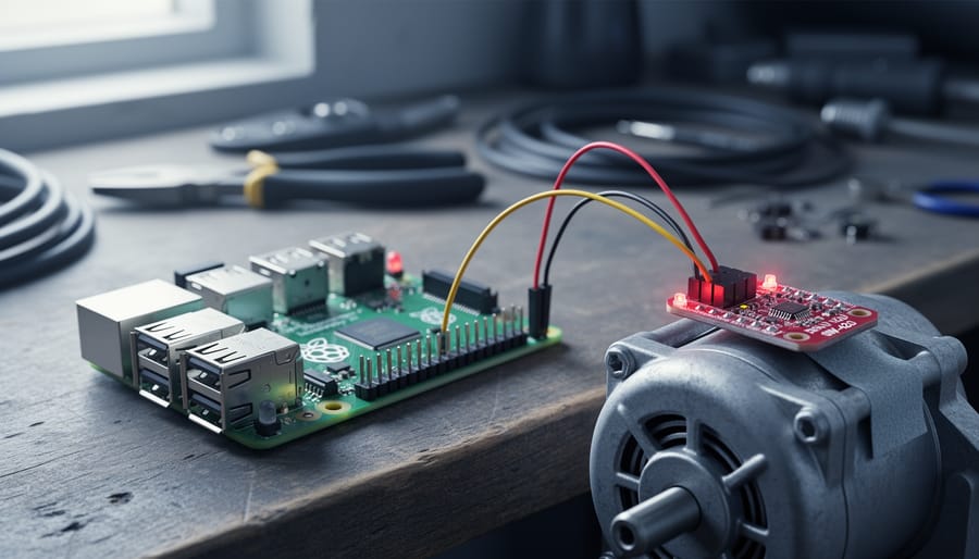 Raspberry Pi connected to an SW-420 vibration sensor module attached to a metal motor housing on a workbench, with soft side lighting and blurred workshop tools in the background.