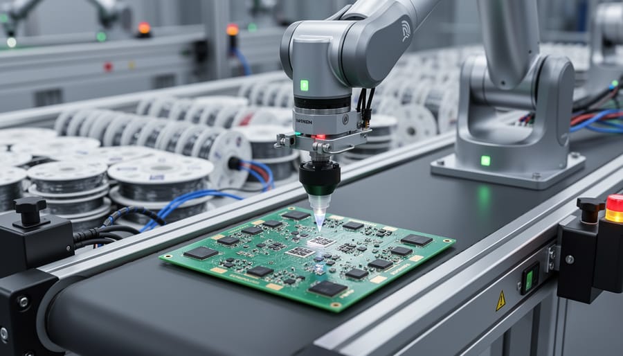 Robotic arm placing electronic components on circuit board during automated assembly