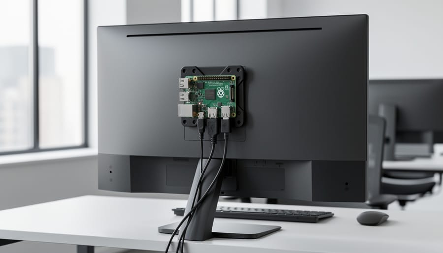 Raspberry Pi mounted on back of monitor using VESA mounting bracket