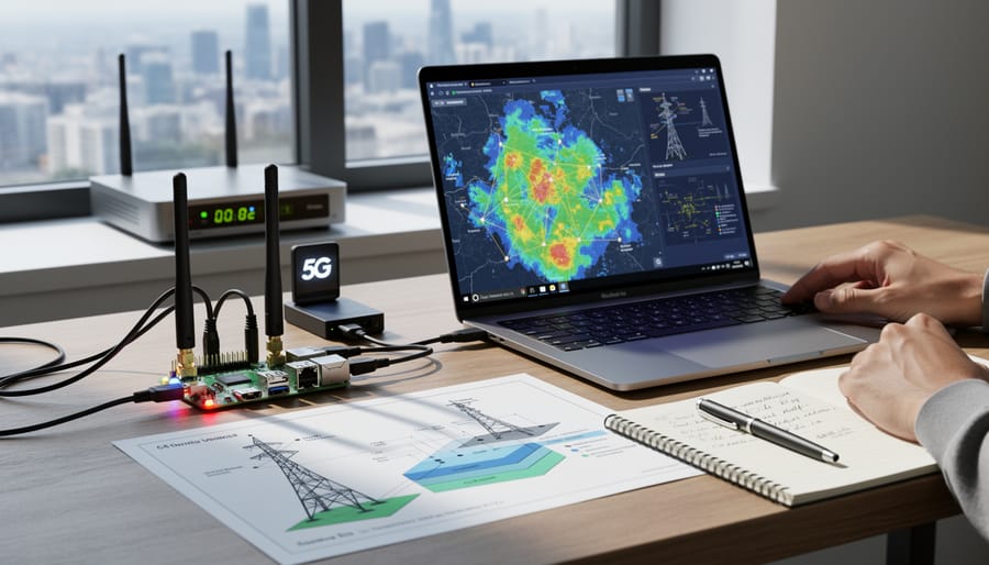 Modern 5G cellular network antennas on telecommunications tower