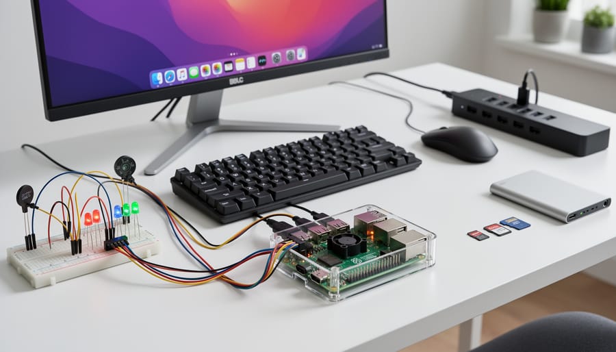 Complete Raspberry Pi workstation with display, keyboard, and connectivity accessories on desk