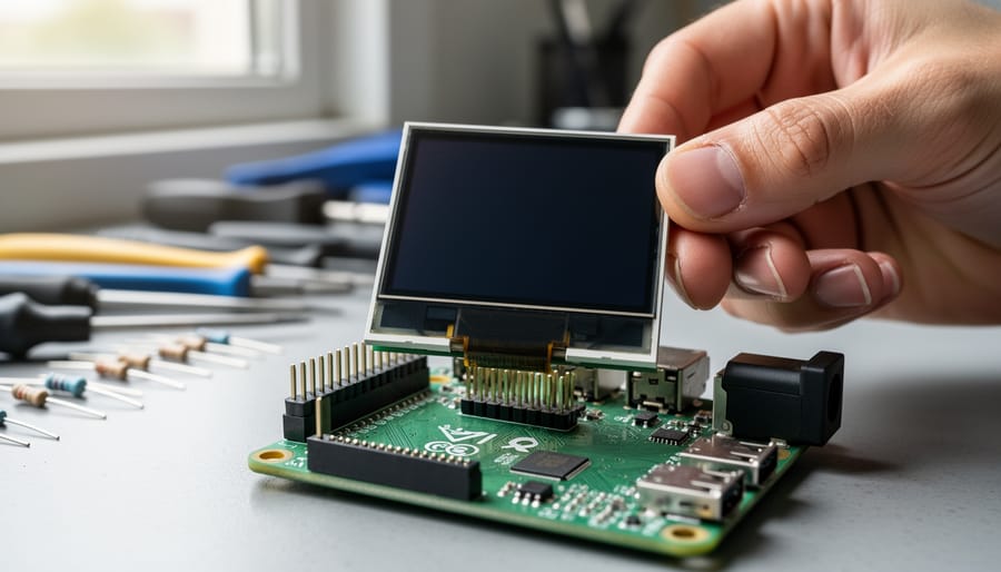 Close-up of hands connecting GPIO pins between Raspberry Pi and small display screen