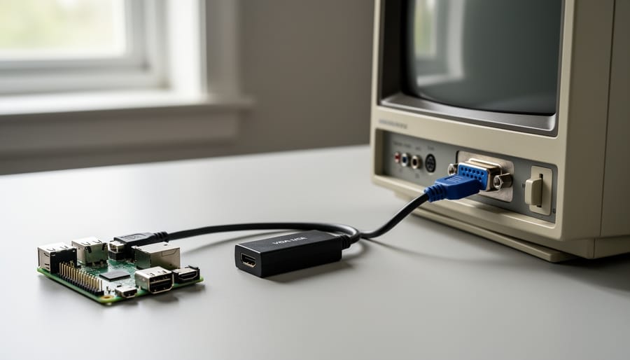 HDMI to VGA adapter connected to Raspberry Pi with VGA cable