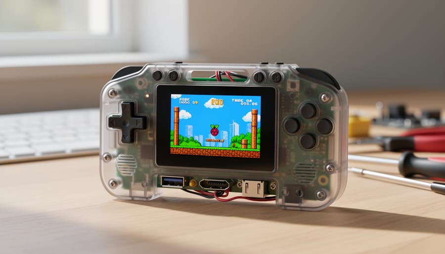 Handheld Raspberry Pi gaming console with small screen displaying retro game