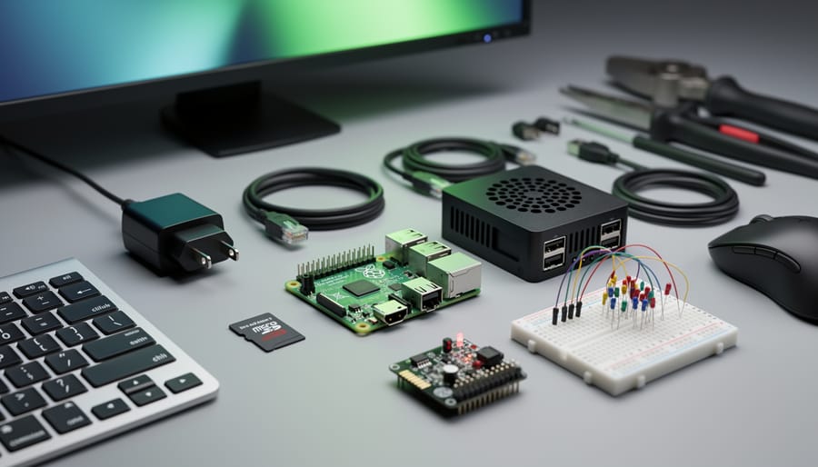 Raspberry Pi 3 Model B on a desk with power adapter, microSD card, ventilated case with heat sinks, HDMI and Ethernet cables, USB keyboard and mouse, GPIO expansion board, and a breadboard with jumper wires and small sensors, shot from a 45-degree angle in soft studio light.