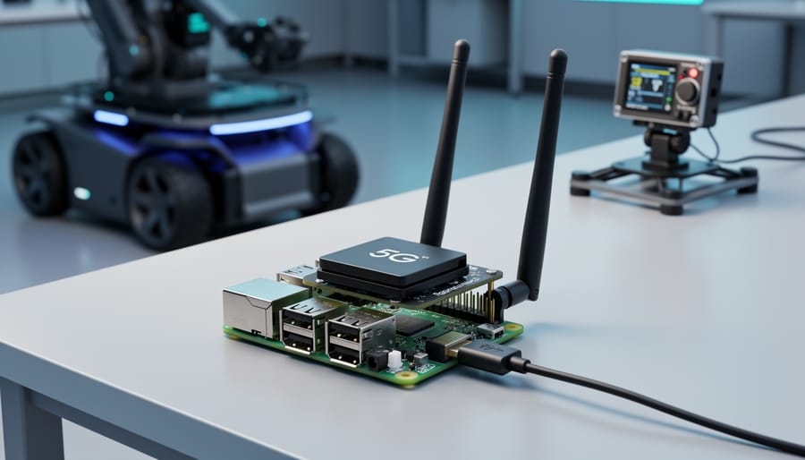 Close-up of a Raspberry Pi board with a 5G HAT and dual antennas on a clean workbench, USB-C power cable connected, with a blurred mobile robot and sensor array in the background under soft studio lighting.